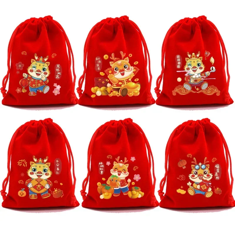 

24 Новый мультяшный Рисунок дракона Fu bag конфеты закуски Изысканные Подарки красный бархатный мешок маленькая тканевая сумка