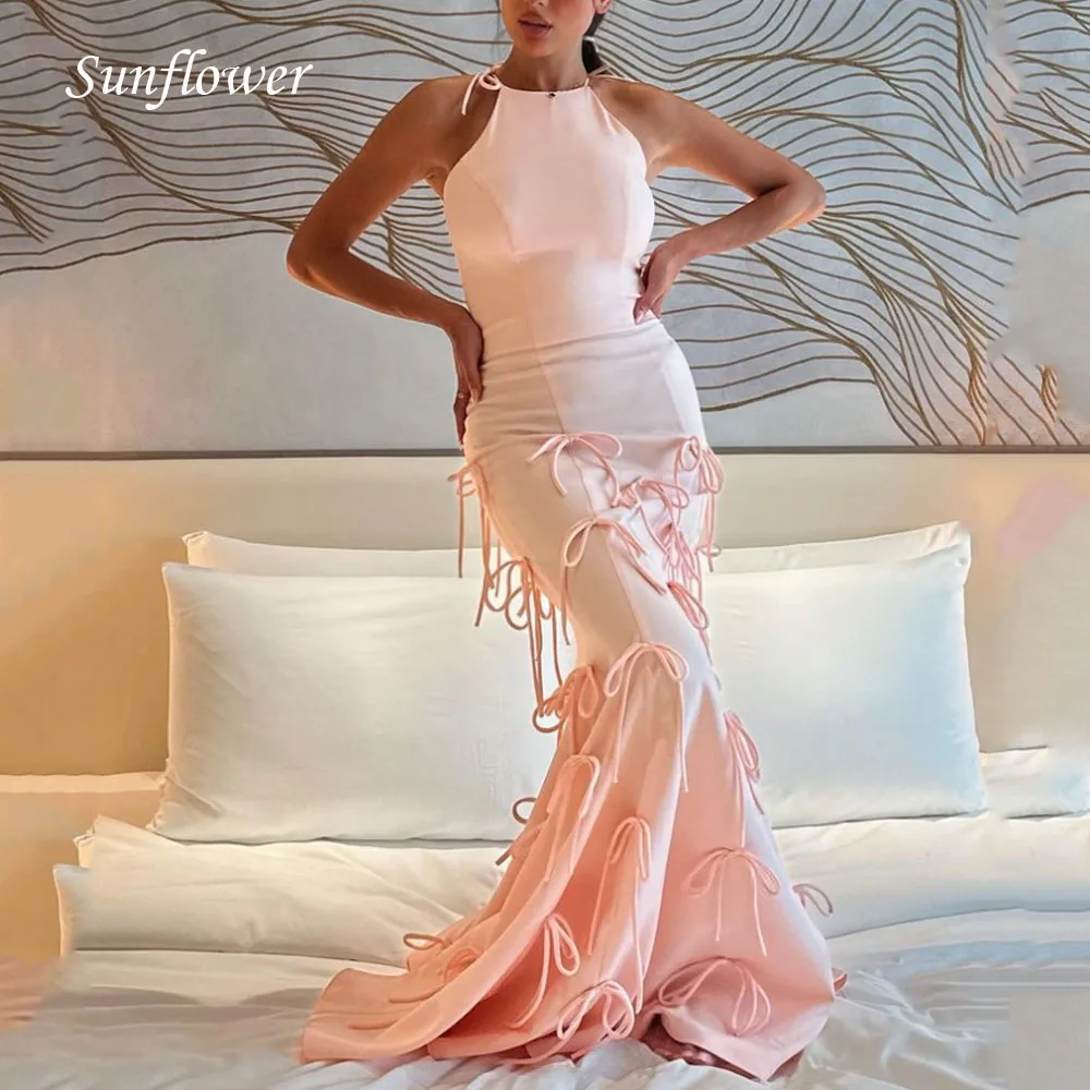 

Sunflower Simple Pink Halter Prom Gowns Floor-Length Frenulum Mermaid Evening Dress Tulle Party Dress 2023 High-end Custom