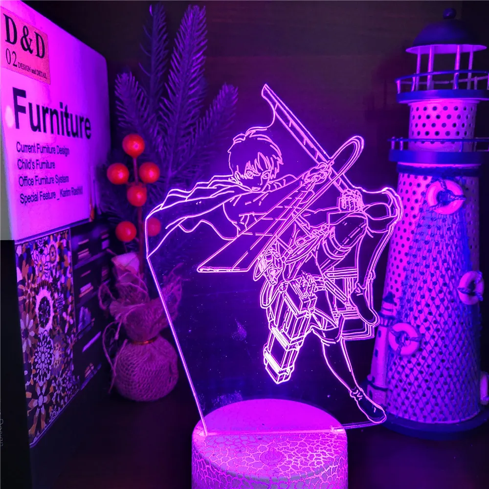 Eren Jaeger Action Attactk on Titan Anime 3D LED Night Light  Bedroom Light Birthday Give Atmosphere Decor 7/16 Colors  MX