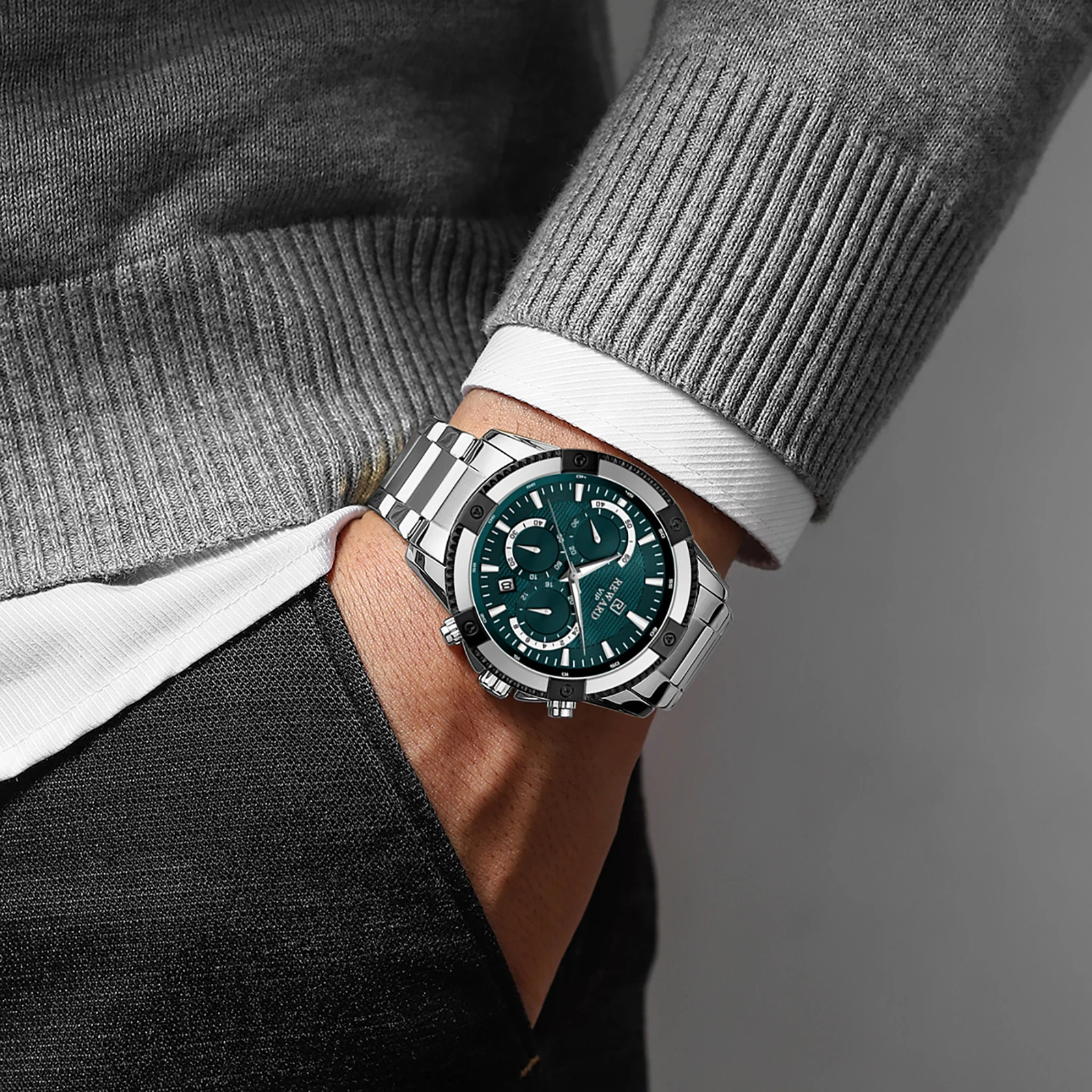 REWARD Casual Watch for Men Luxury Stainless Steel Wristwatch Fashion Quartz Analog Waterproof Luminous Date Mens Wrist Watches
