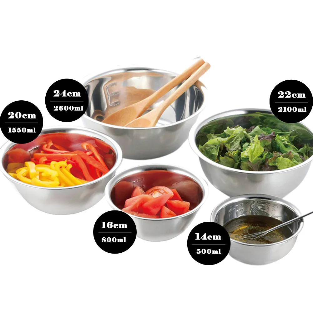 5Pcs Large Stainless Steel Bowl Mixing Bowl Basin With Scale Kitchen Camping BBQ Whisking Salad Cooking Baking Bowls Set