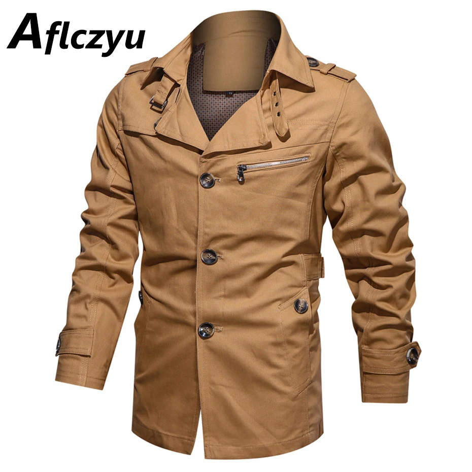 Trench Coat Men Fashion Casual Turn-down Collar Jackets Khaki Windbreaker Jacket Slim Fit Coat Male Button Jacket