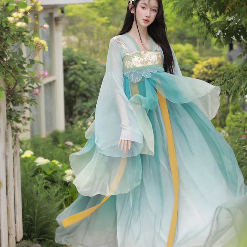 Chinese Style Hanfu Dress Set Women Vintage Elegant Flower Embroidery Fairy Dance Stage Costumes Female Sweet Princess Outfits