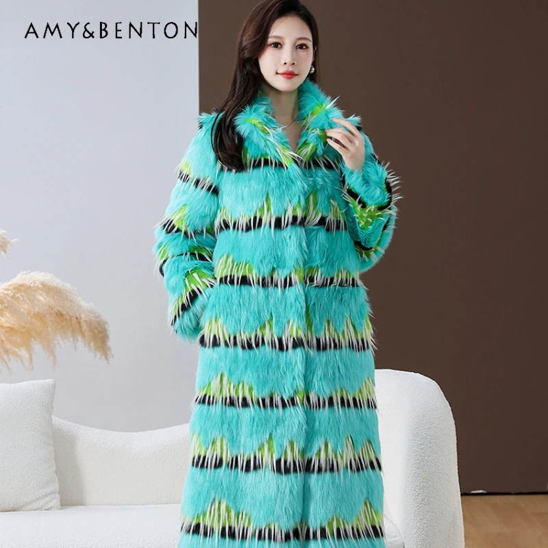 

Winter Colorful Striped Green Fur Coat Women's Clothes Ultra-Long Fashionable Stylish Furry Plush Faux Fur Overcoat Windbreaker