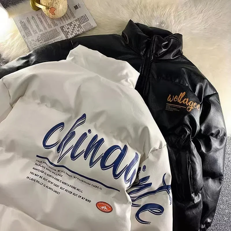 

Женское зимнее пальто из искусственной кожи и хлопка, Брендовое Модное теплое Свободное пальто в стиле Хай-стрит с надписью и воротником-стойкой, Трендовое пальто в стиле Ins, Y2k, одежда