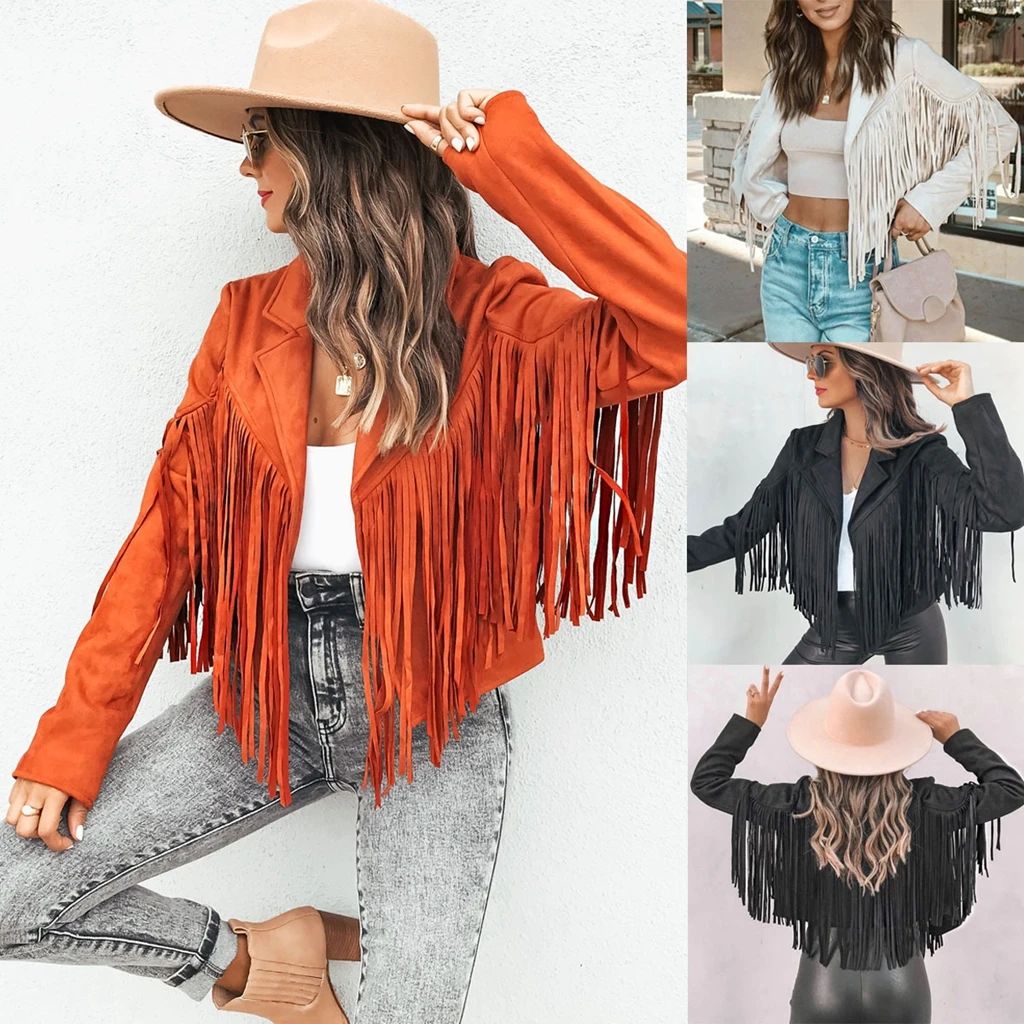 

Women Y2k Fringed Hem Tassel Cardigan Crop Tops Motorcycle Girl Jacket 90s Vintage Streetwear Autumn Women's Coat