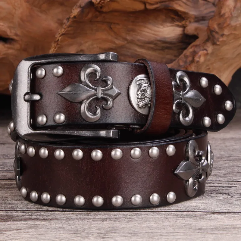 High-Quality-Metal-Rivet-Cowboy-Belt-Top-Grain-Genuine-Leather-Cowskin ...