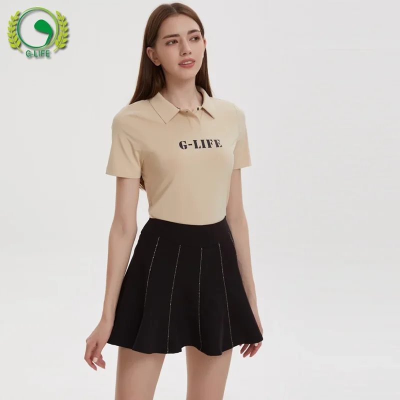 G-Life Golf Women's Short Sleeved T-shirt Korean Letter Printed Polo Tops Ladies A-lined Pleated Golf Skorts High Waist Skirts