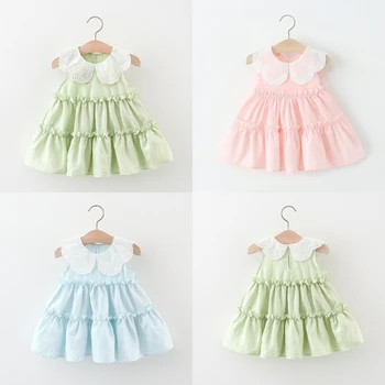 Summer Baby Girls' Comfort Dress Green Sleeveless Lace Doll Collar Soft Cotton Dress New Arrival Kids Clothes 1
