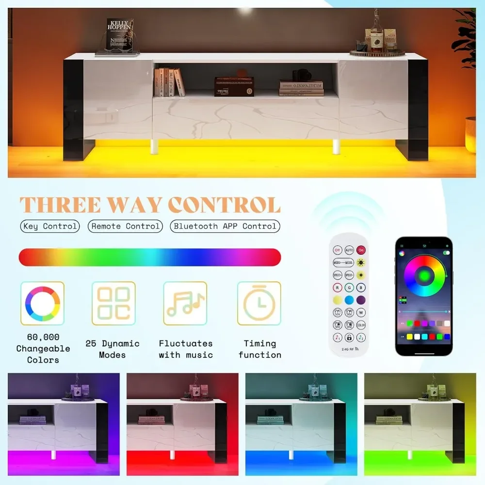 70 inch TV Stands with LED Lights, Modern TV Console High Gloss Entertainment Center with 2 Cabinet Storage Drawer 4