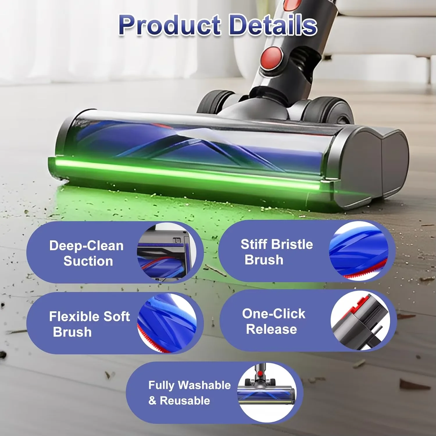 Brush Head For Dyson V7 V8 V10 V11 V15 Vacuum Cleaner Brush Replacement Floor Brush for Hard Floor with an independent green LED