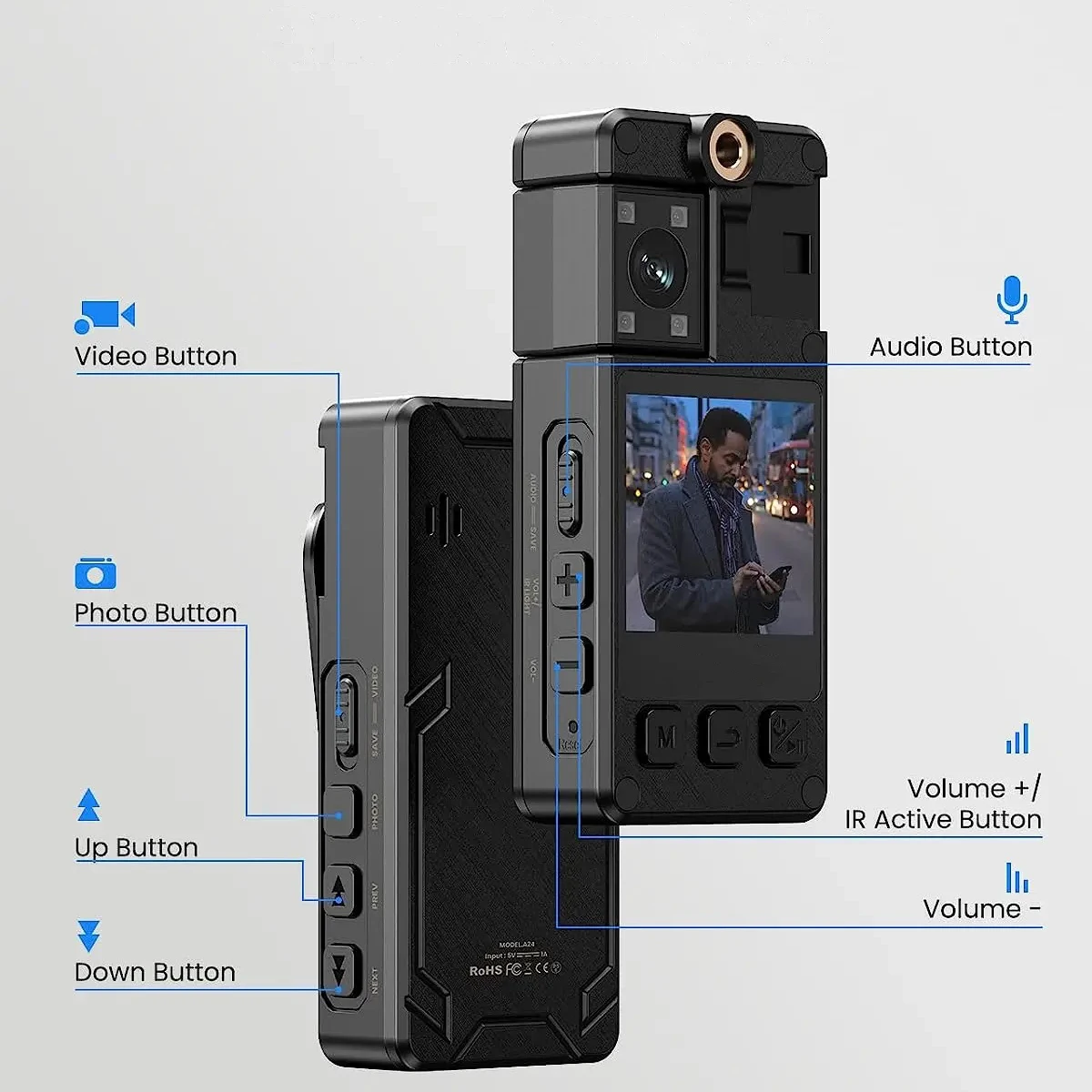 Vandlion A38 바디 마운트 카메라, 긴 배터리 수명, 4K 1080P FHD 녹화, IR 나이트 비전, 모션 감지, 스포츠 DV, 2000mAh