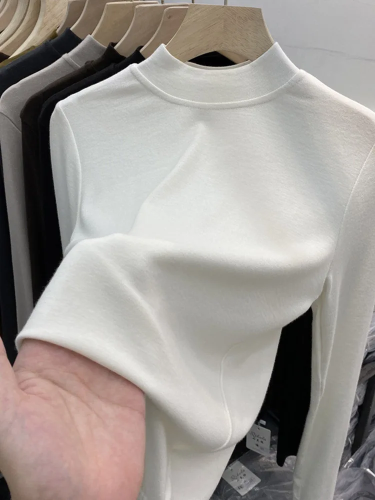 Basic High Quality Pure Cotton White T-shirt for Women Elegant Slim Top Women's Half Turtleneck Long Sleeve T-shirts