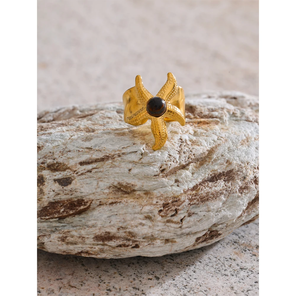 Yhpup Size 7 Ocean Style Stainless Steel Natural Tiger Stone Starfish Open Ring