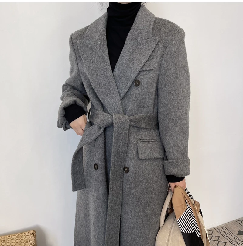 

New 2023 fall Winter Double Breasted Long Alpaca Woolen Overcoat Women Korean Style Handmade luxury natural woolen coats