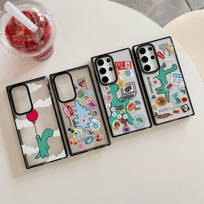 Cute Dinosaur Acrylic Black Border Protective Case for Samsung Galaxy S24 S23 S22 Ultra S24+ S23+ S22 Plus Shell