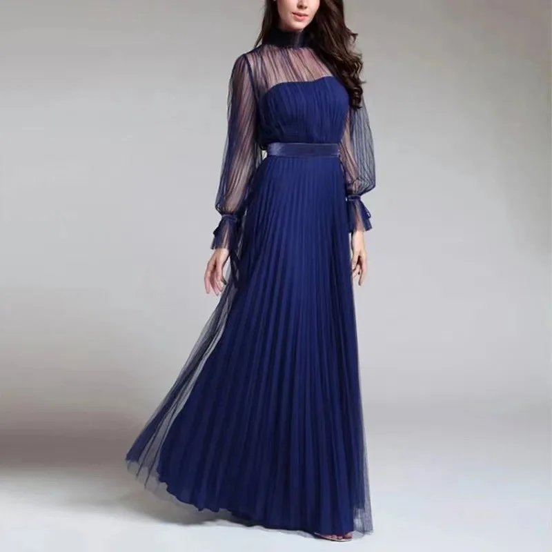 

BKLD Elegant Evening Dresses For Women Solid Color Long Sleeve Round Neck Pleated Floor Length Party Dresses Winter Clothes