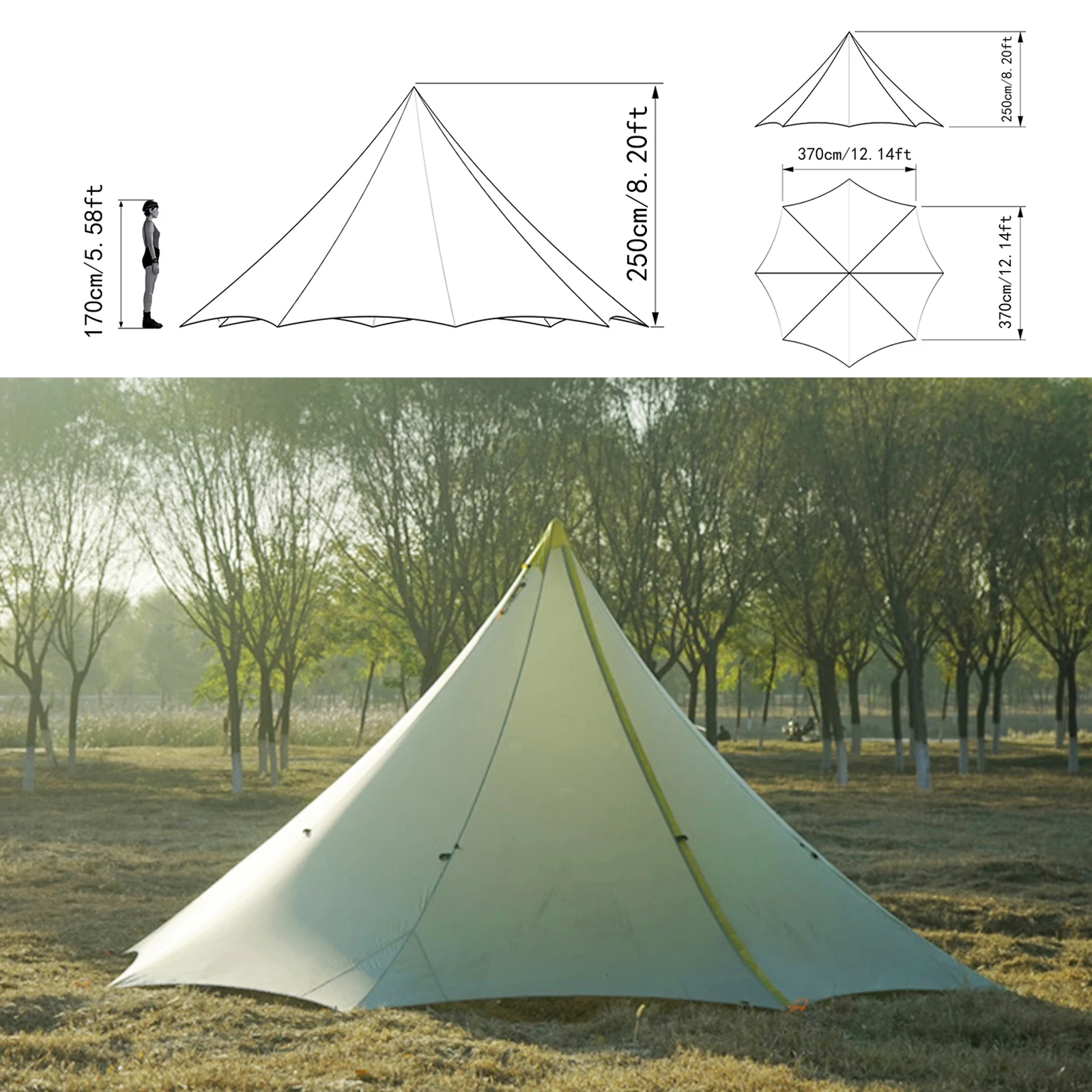 10 Person Ultralight Outdoor Camping Tent 4 Season 20D Nylon Both Sides Silicon Coating Rodless Pyramid Flysheet Awning Canopy