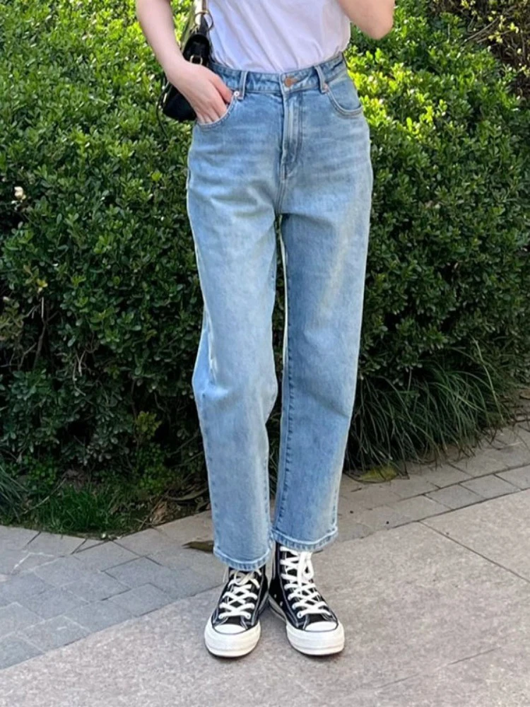 American Retro Light Blue Jeans Women's Street Wear 2023 Straight Leg High Waist Pants Pantalon Vintage Jeans Women Clothing