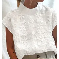 Chemise Blouse Femme Été 2026 en Coton et Lin Blanc, Nouvelle Collection, Élégante, Unie, Dentelle Ajourée, Décontractée, Style Urbain, Chemise de Bureau Basique 4