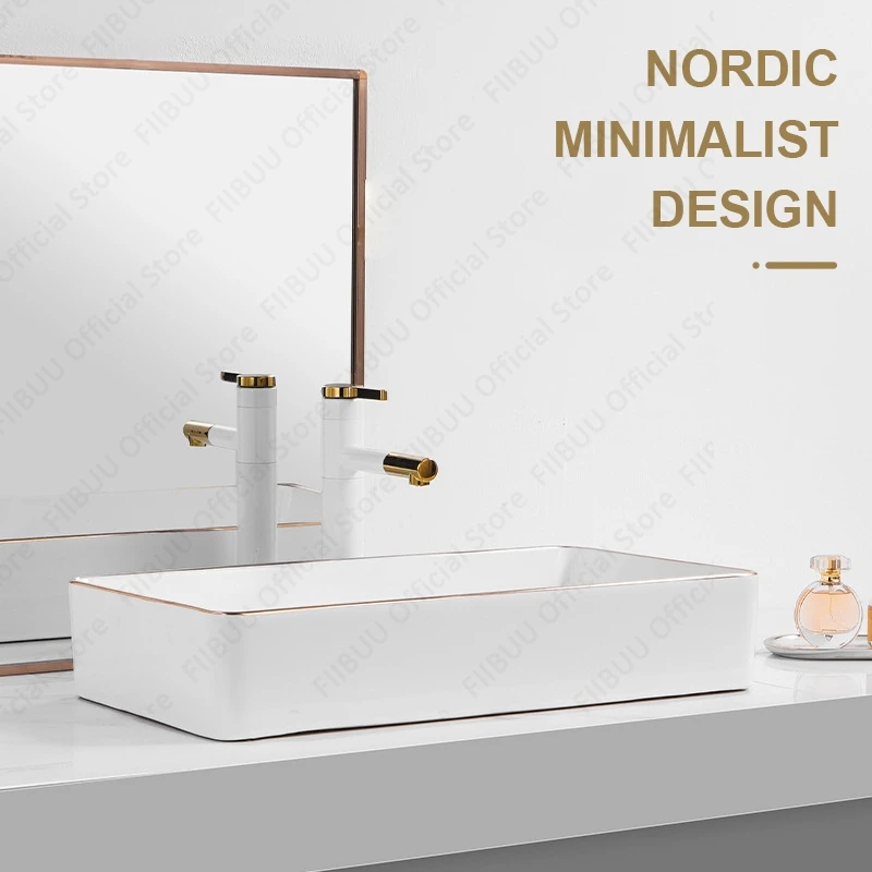 White Ceramic Table Sink With Golden Edge Countertop Vanity Sink Bathroom Lavatory Balcony Vessel Sink Above Counter Wash Basin 5