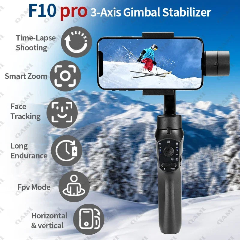 Handheld Gimbal Stabilizer QAML F10Pro 3-Axis Smartphone Stabilizer Phone Selfie Stick for Android iPhone Anti-Shake Video Shooting