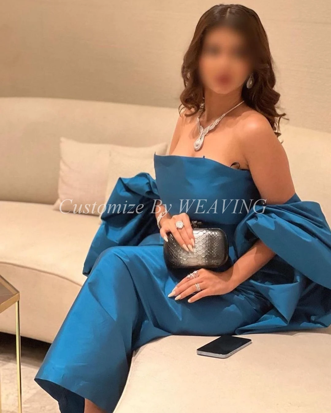 

Blue Taffeta Long Prom Dresses with Shawl Sheath Strapless Ankle Length Saudi Arabia Women Evening Party Dress