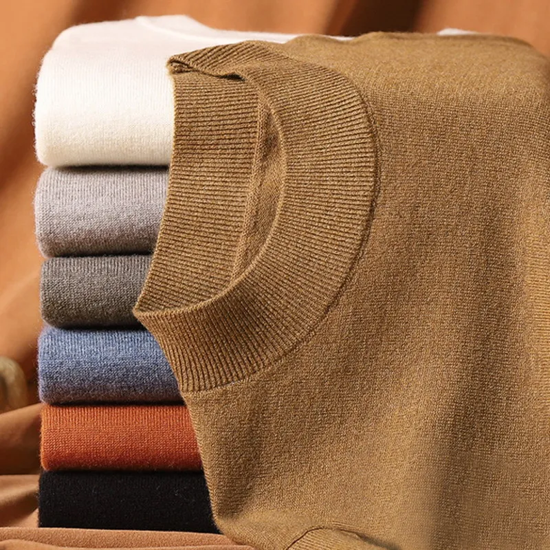 

High Qualtity Oversized Cotton Blend Knitted Half High Collar T-shirt Men Short Sleeve Tee Solid Color Trend Leisure