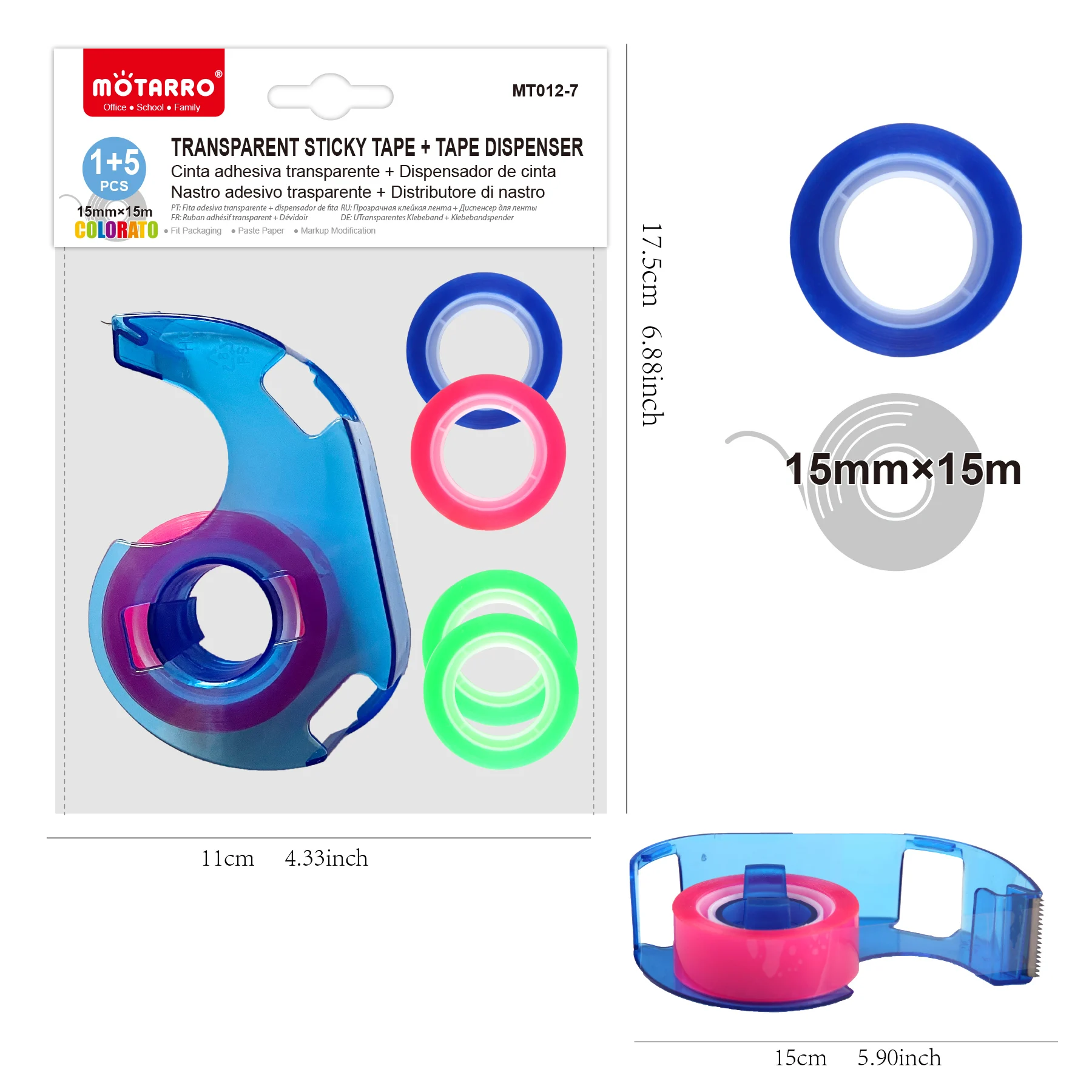 MOTARRO Portable Tape Cutter 15MM*15M with 5 Rolls of Colored Tape Storage Cutting Seat Dispenser Holder