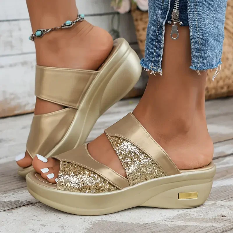 Women Wedge Slippers Glitter Platform Comfortable Sandals Casual Sling Backs Slippers New Summer Shoes for Women Slides Women — view 4