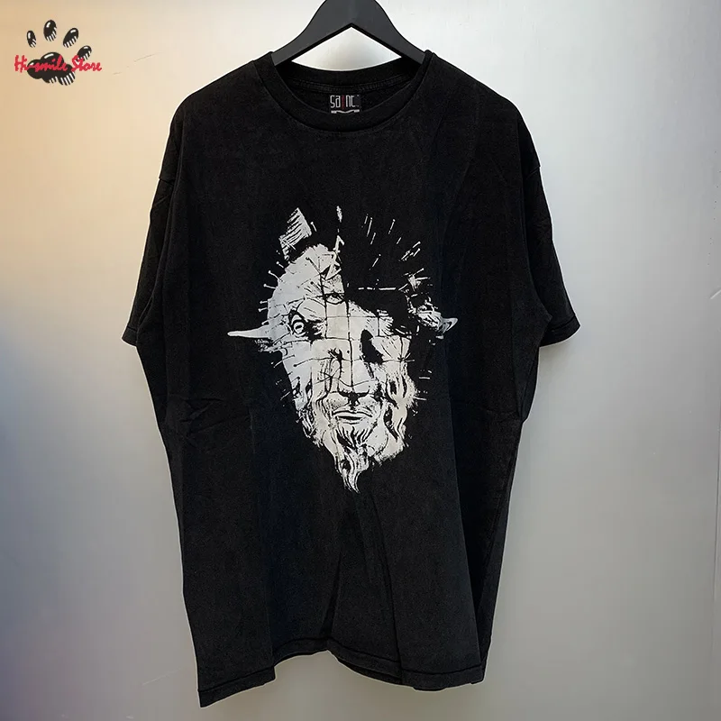 

Vintage Animal Head Print Saint Michael T Shirt Top Tee Men Woman 1:1 Good Quality Black Loose Short Sleeve Cotton Summer Tees