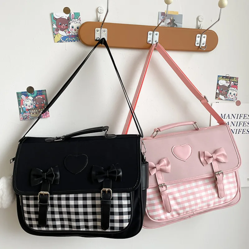 Japanese Backpack Bow Messenger Bag Student Checkerboard  Shoulder Bag For Teenagers Girls Backpack 3