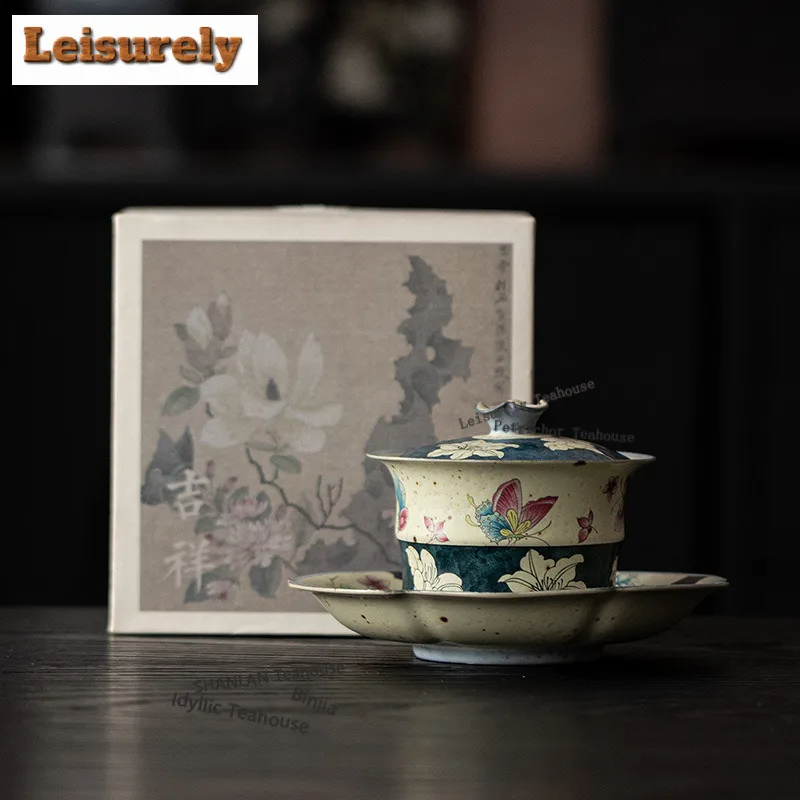 125ML Hand Painted Butterfly Lily Caramel Glaze Gaiwan Luxury Tea Tureen Tea Bowl With Lid Kit Tea Maker Cover Bowl Teaset Craft