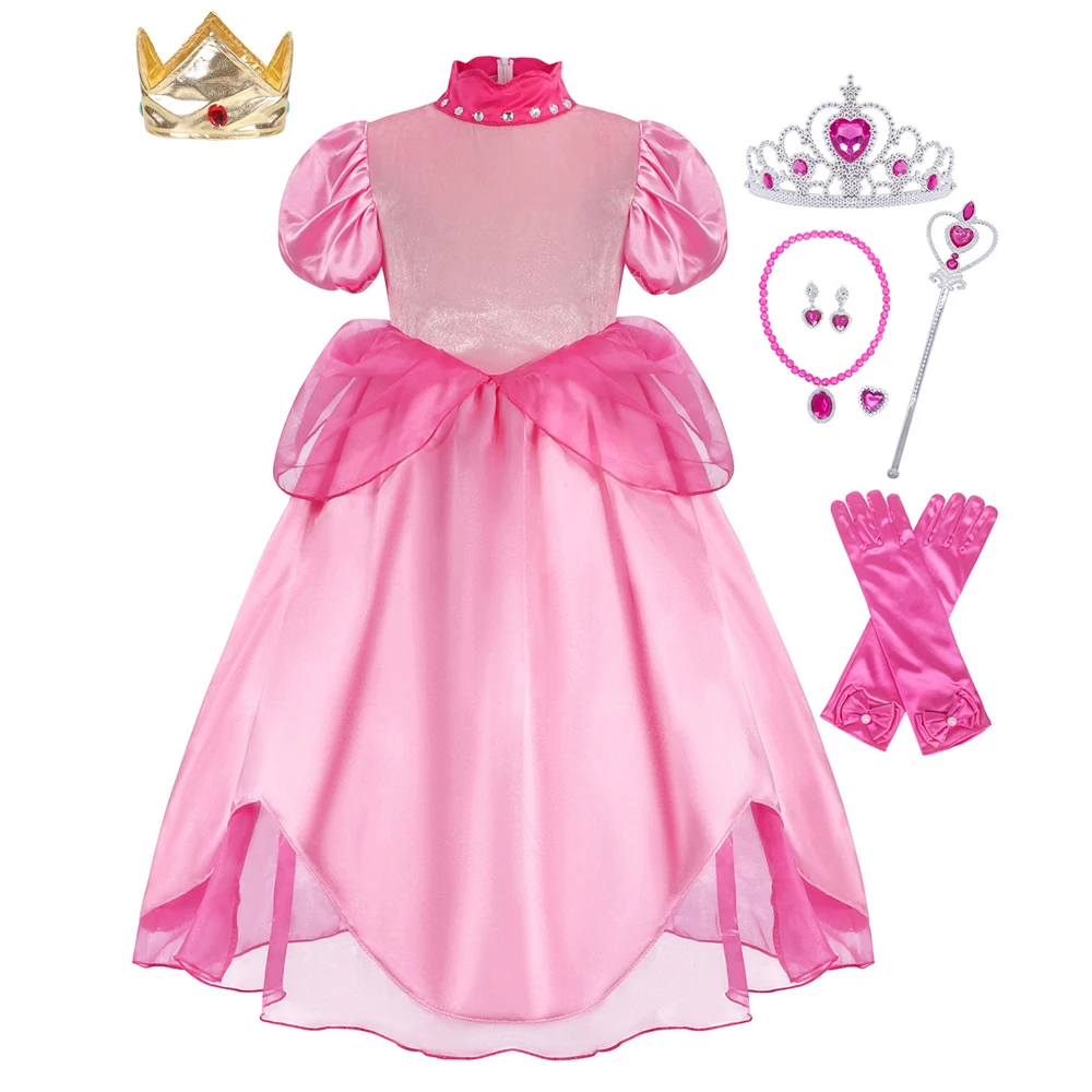 

Jurebecia Princess Peach Costume Dress For Girls Princess Peach Kids Cosplay Costumes Dress Up with Accessories