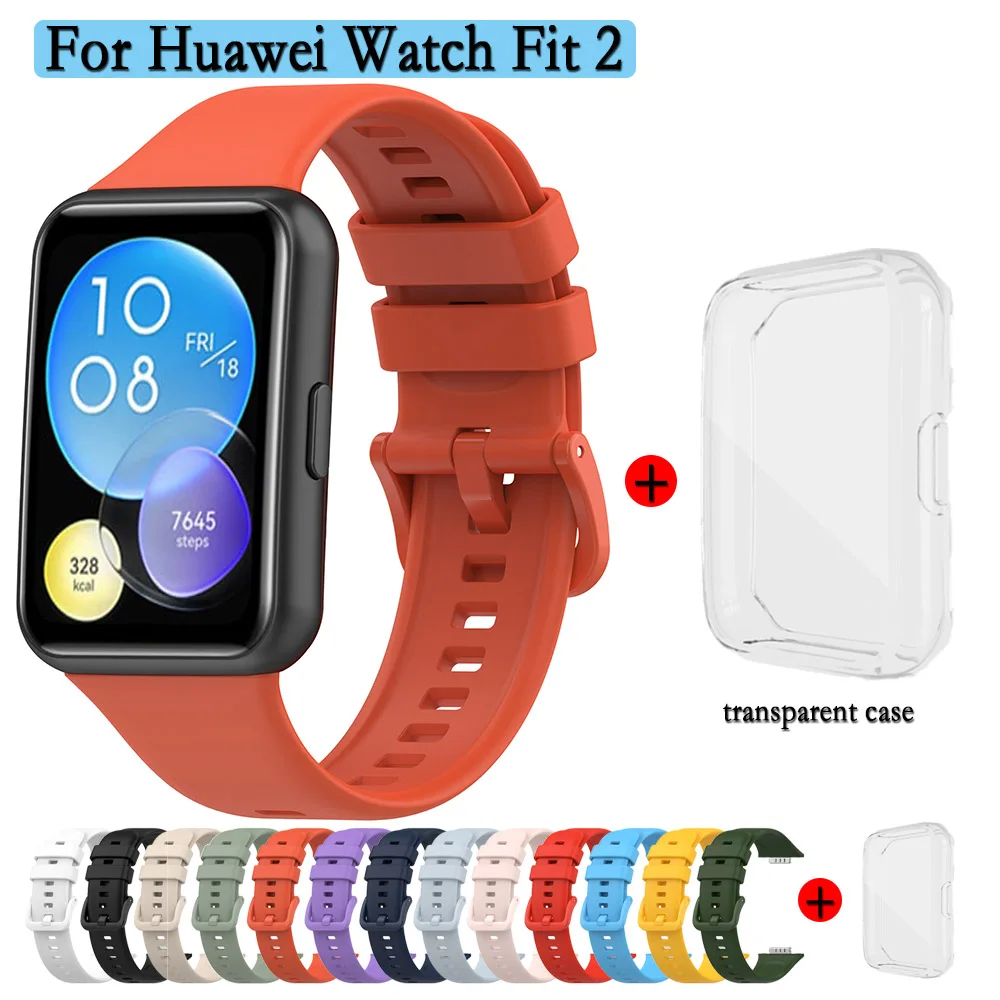 

Силиконовый ремешок и чехол для Huawei Watch Fit 2, ремешок для наручных часов с одной цветной пряжкой и прозрачный корпус для часов