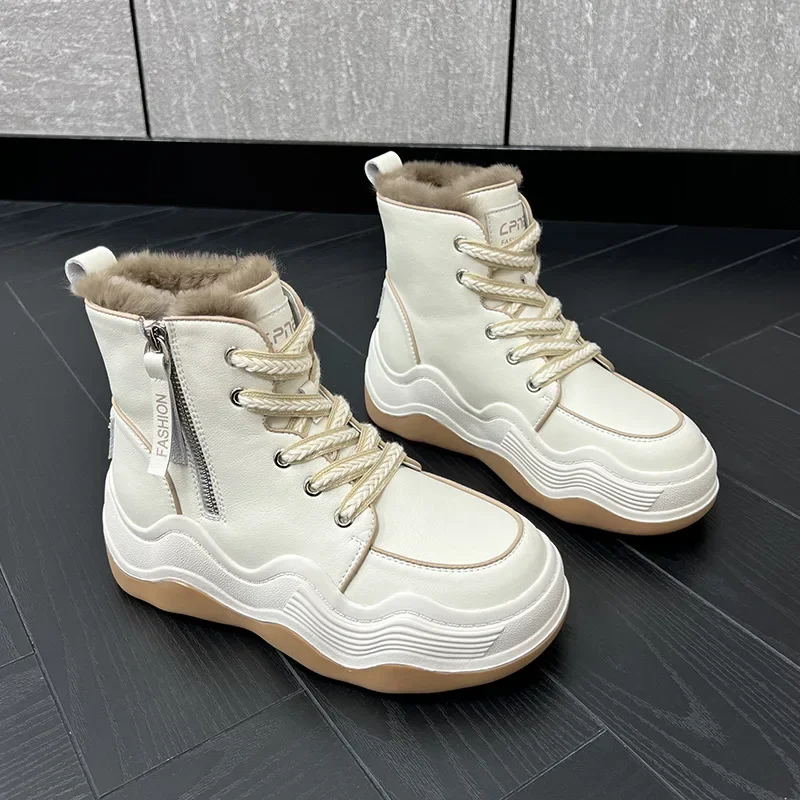 

Зимние женские ботинки на массивной танкетке, модные теплые плюшевые ботильоны на платформе со шнуровкой, Женская Повседневная хлопковая обувь