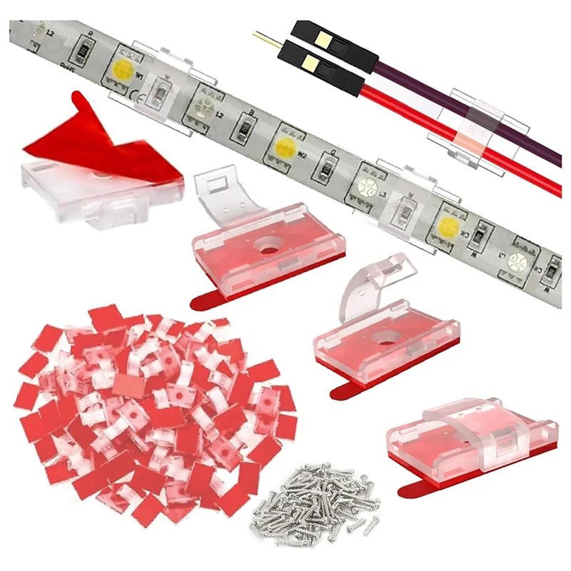 N11R 100PCS 자체 접착 테이프가있는 LED 조명 스트립 용 장착 클립 + 실내 조명 스트립 용 나사 조명 클립