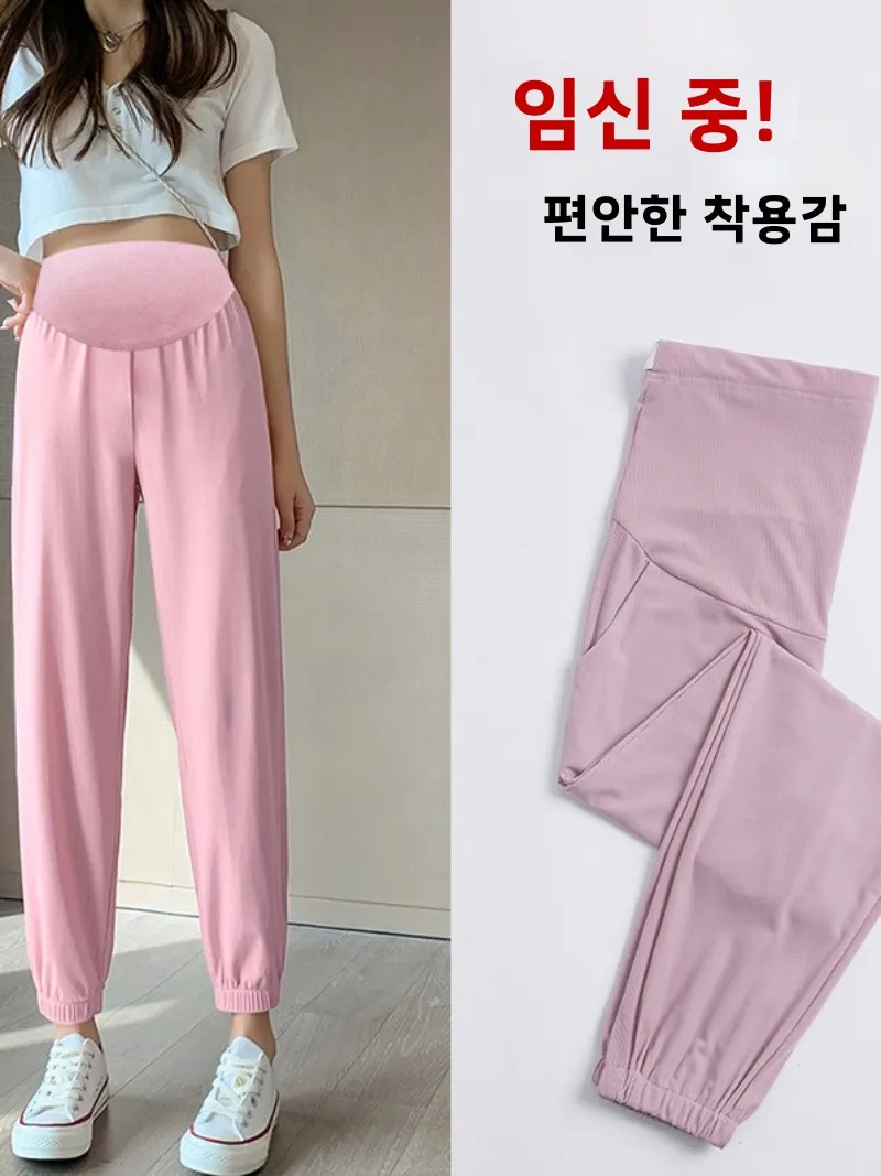 연장형 아이스 실크 얇은 레깅스 임산부 바지 여름용 스트레이트 레그 하이웨이스트 복부 지지 캐주얼 바지