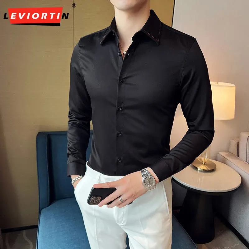 

Camisas De Hombre Plus Size Autumn Long Sleeve Shirts For Men Clothing 2022 Solid Slim Fit Casual Prom Tuxedo Formal Wear 4XL-M