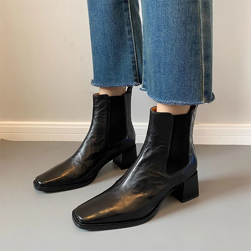 

Ботинки Челси на среднем каблуке, женские зимние полусапожки, новые туфли-лодочки, модная дизайнерская Брендовая женская обувь из искусственной кожи на массивном каблуке, 2024