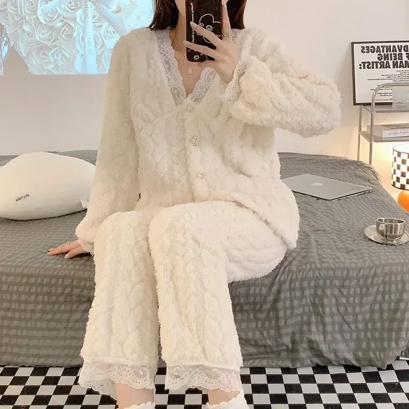 

Lace Solid White 2023 Warm Fleece Piiama Pant Set Cute Sleepwear Fluffy Pajamas Suit Women 2 Home Winter Wear Korean Night Piece