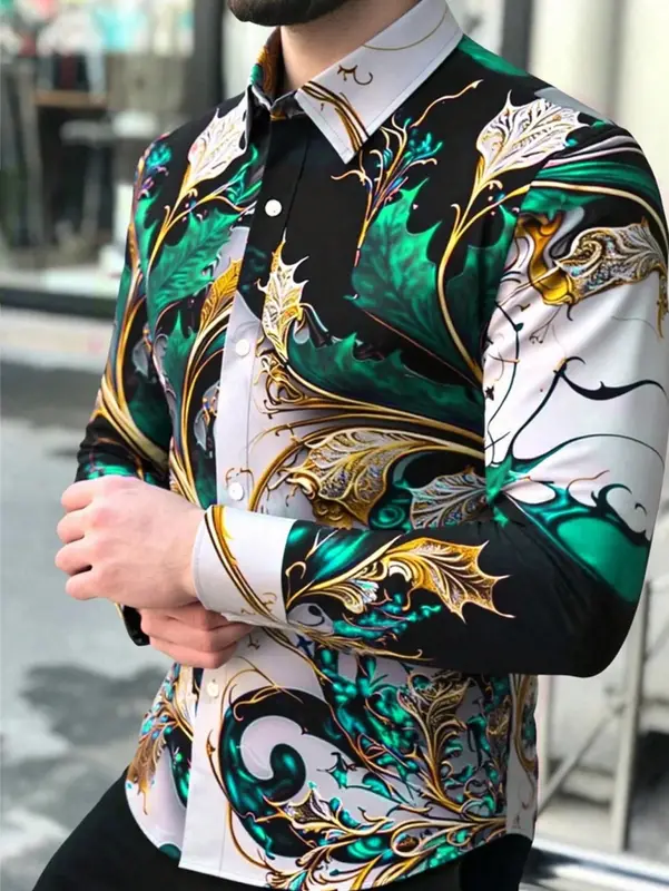 Men's Long Sleeved Floral Shirt Outdoor Fashionable Luxury Social Business Lapel Single Breasted Top - Image 4