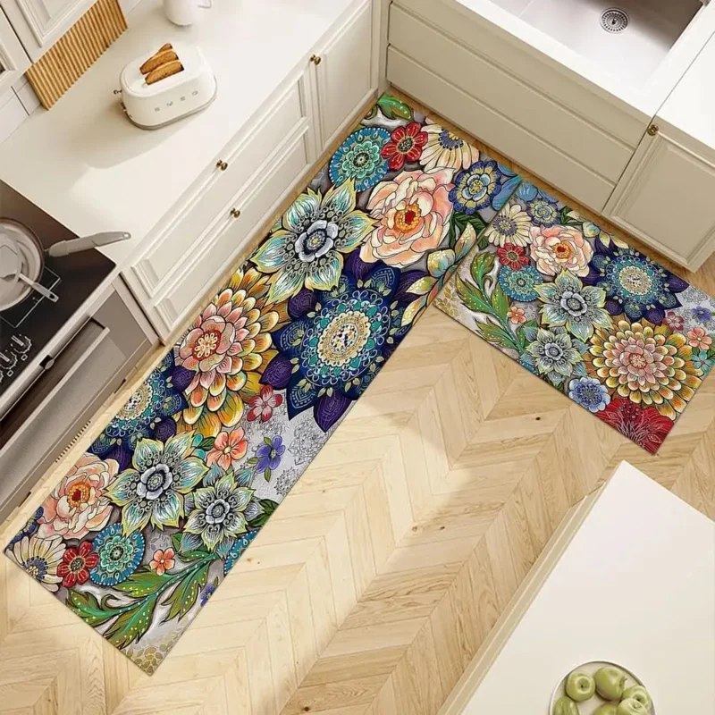 VIKAMA Kitchen Floor Mat Oil Resistant Wipeable Washable Waterproof Mat American Floral Carpet Home Decoration 1/2PC