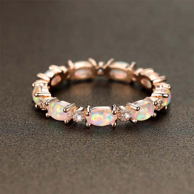 Boho Female Small Oval Stone Ring Fashion Rose Gold Silver Color Wedding Rings For Women Blue White Fire Opal Engagement Ring
