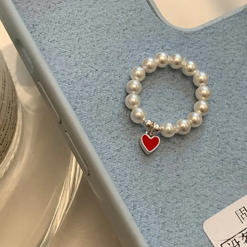 Cute Sweet Elastic Pearl Chain Ring for Women Tiny Simple Love Heart Pendant Rings Jewelry Gifts