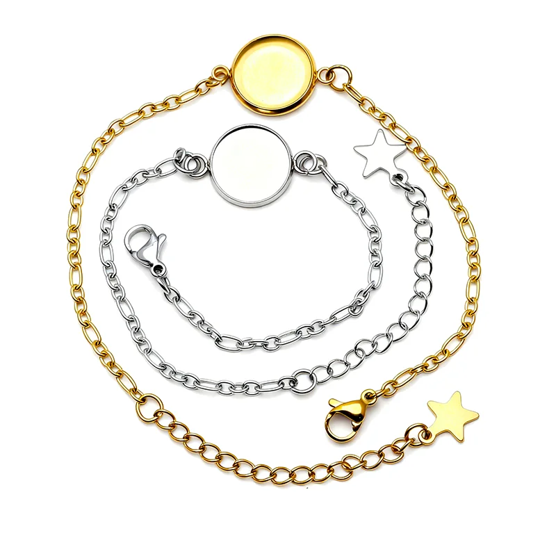 Edelstahl 5 Stück Vakuumbeschichtung Gold Diy Fit 8–30 mm Armbandfassungen Runde Cabochon-Basis Verschiedene Kreisintervalle Kette