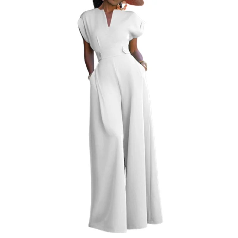 Lemongor Urban Female Stylish Solid Color Wide Leg Party Jumpsuit Spring Summer Cap Sleeve Causal One Piece Outfit For Women