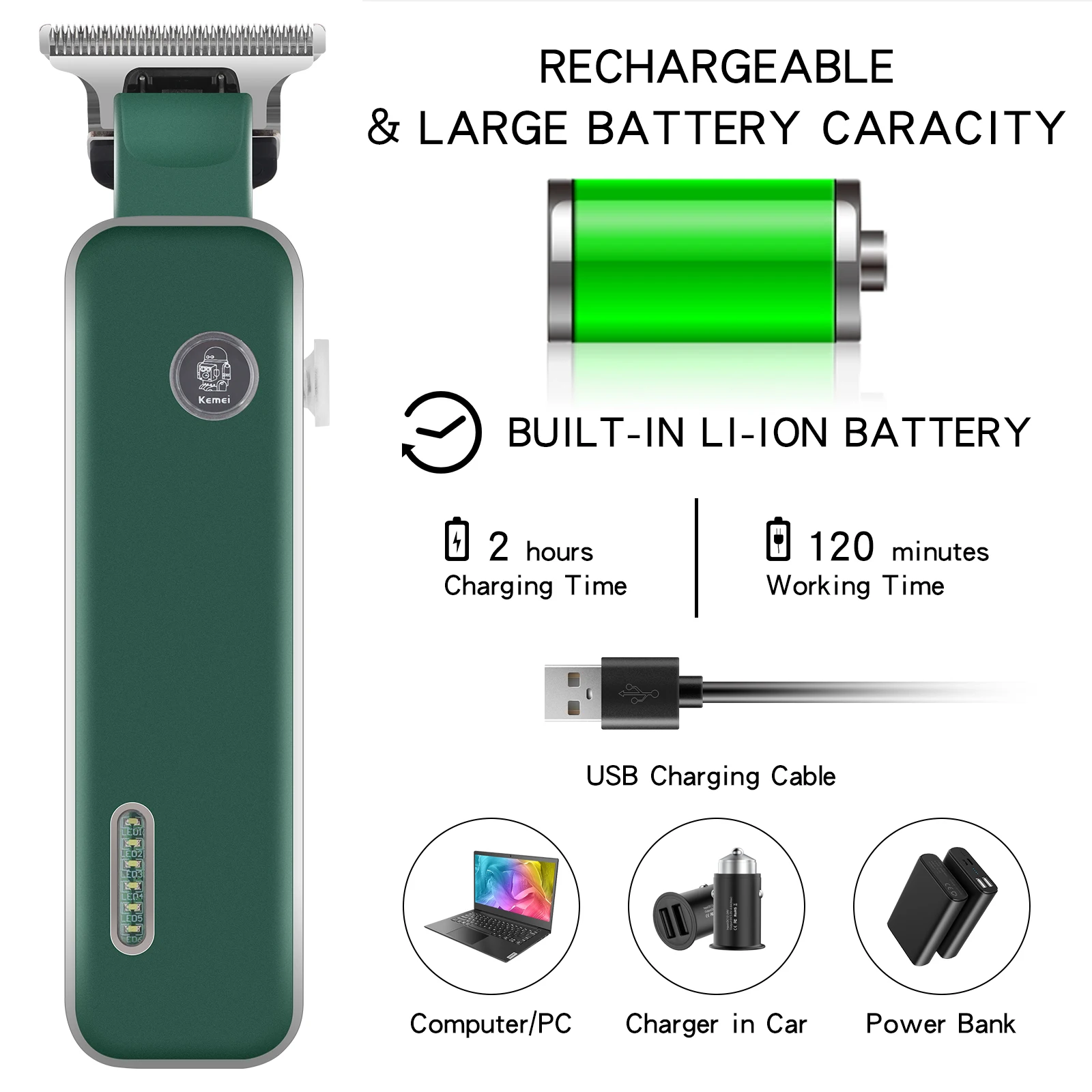 Kemei Electric Hair Cutting Machine Luminous LOGO High-power Silent Hair Clipper for Men Professional Barber KM-5098 4