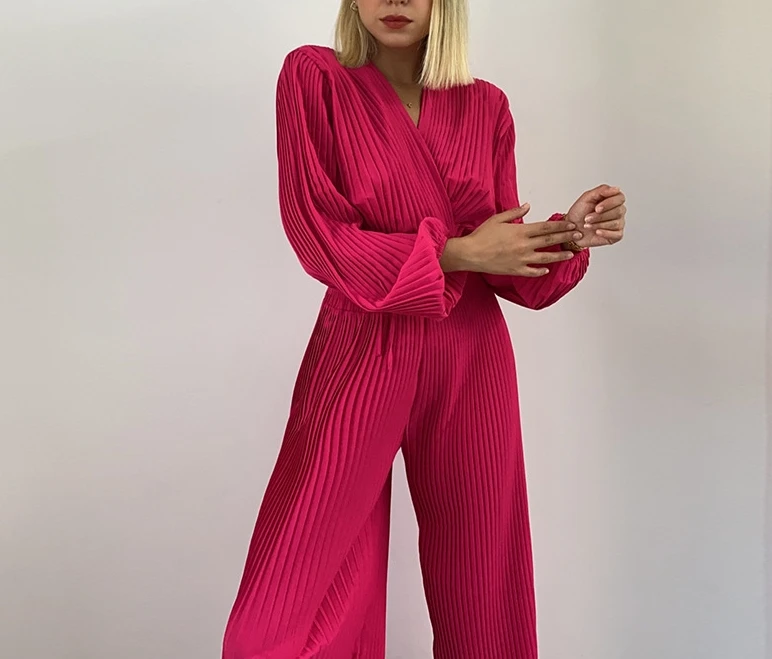 

Womens Two Piece Sets Outfit V-Neck Pleated Bubble Sleeve Short Top Wide Leg Pants Set 2023 Autumn Winter Spring Fashion Casual