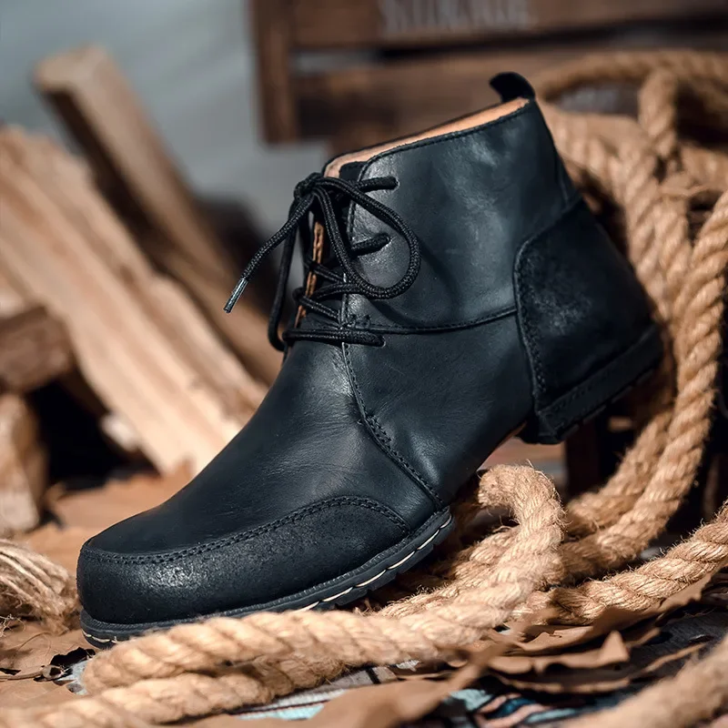 High Quality Men's Knight Boot Black Classic Ankle Boots Men's Handmade Cowhide Shoes Retro Wedge Motorcycle Boots for Men